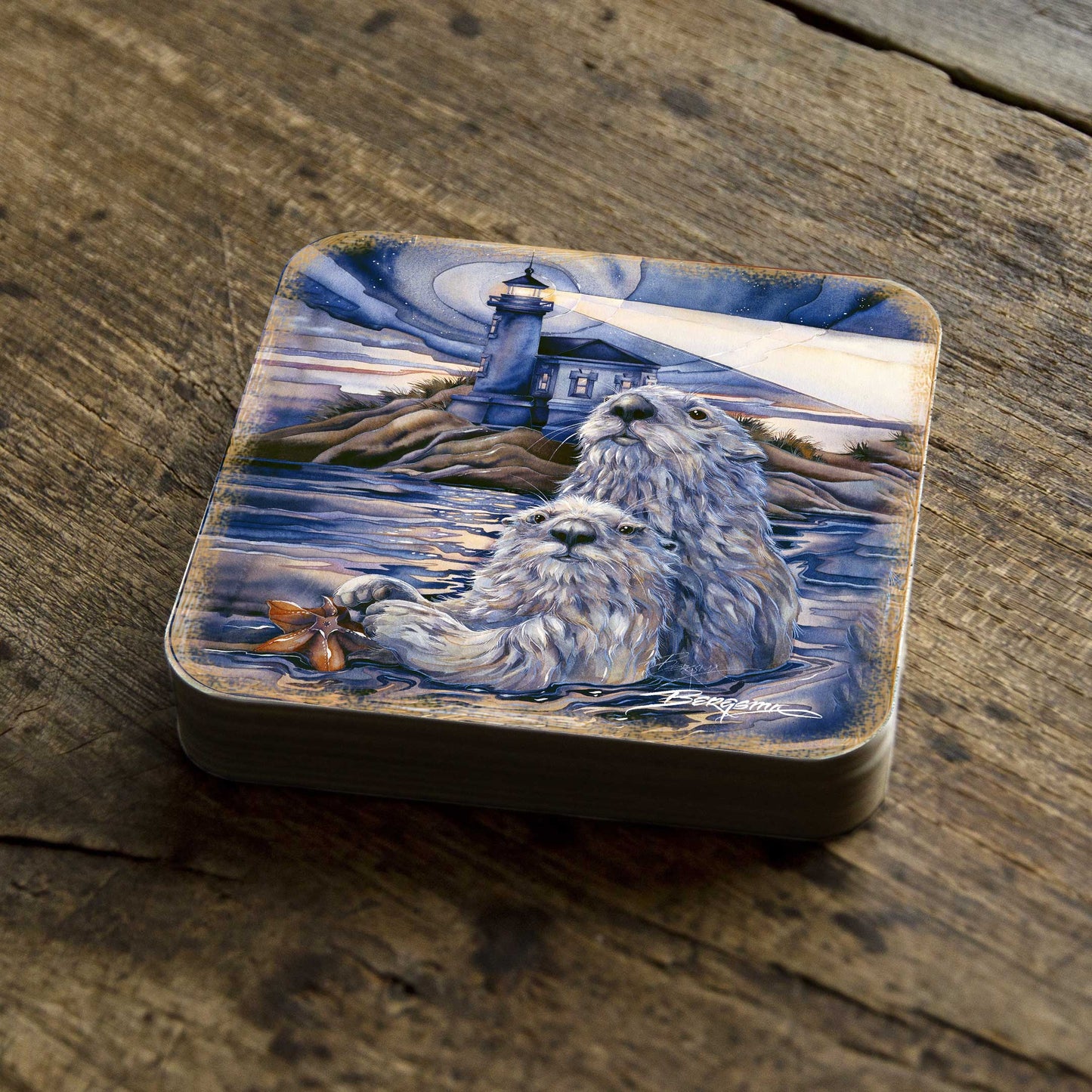 Starlight Otters Wooden Cork Coasters Gift Set of 4 by J. Bergsma - Wildlife Decor  - 8199473C-S4