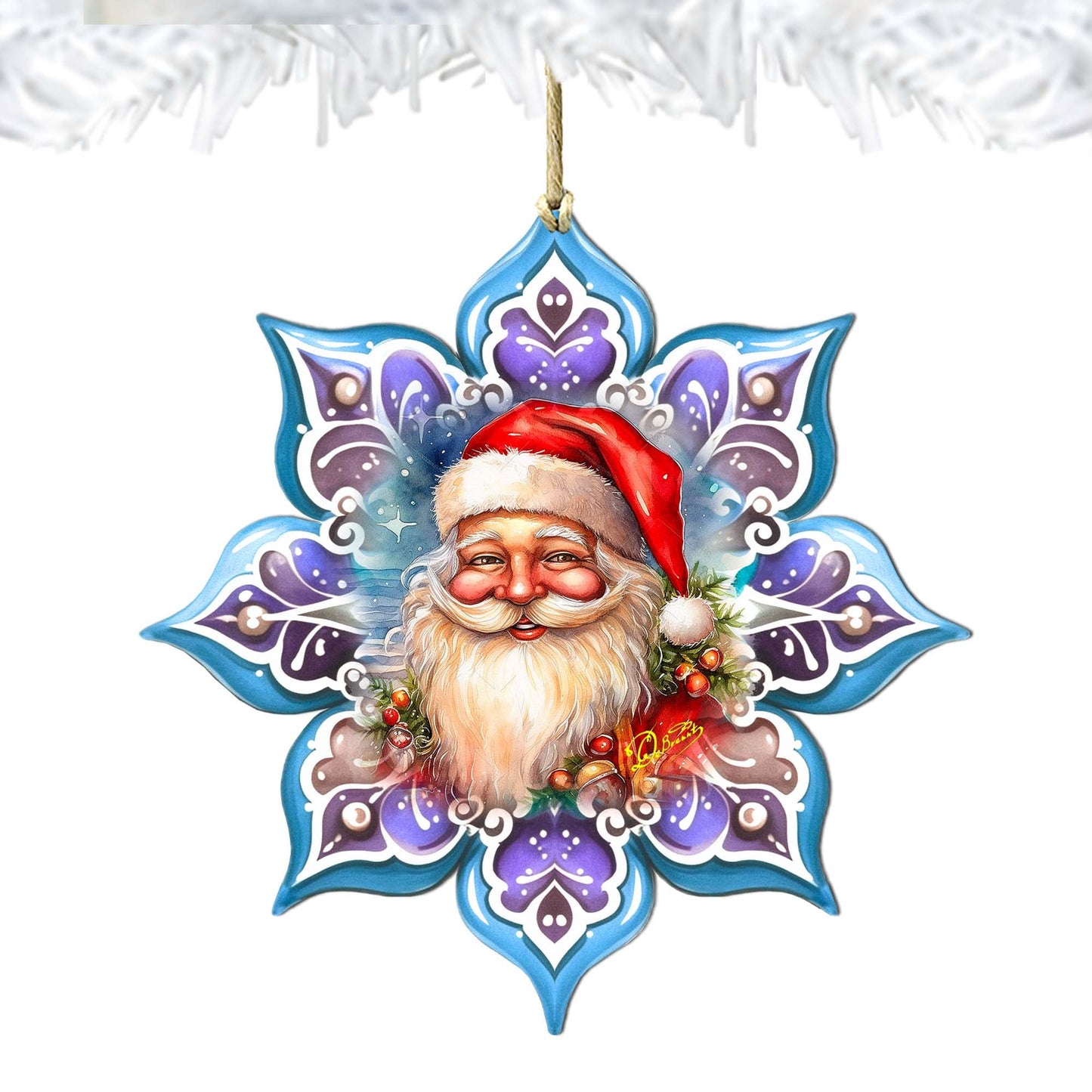 Smiling Santa Snowflake Wooden Ornaments by G. Debrekht - Christmas Santa Snowman Decor - 8688423