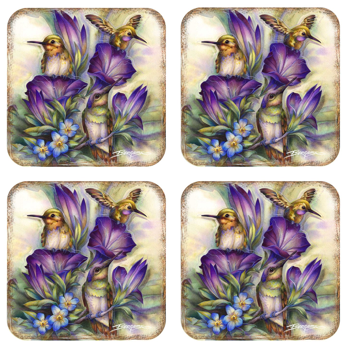 Everlasting Friendship Hummingbirds Wooden Cork Coasters Gift Set of 4 by J. Bergsma - Wildlife Decor  - 8199464C-S4