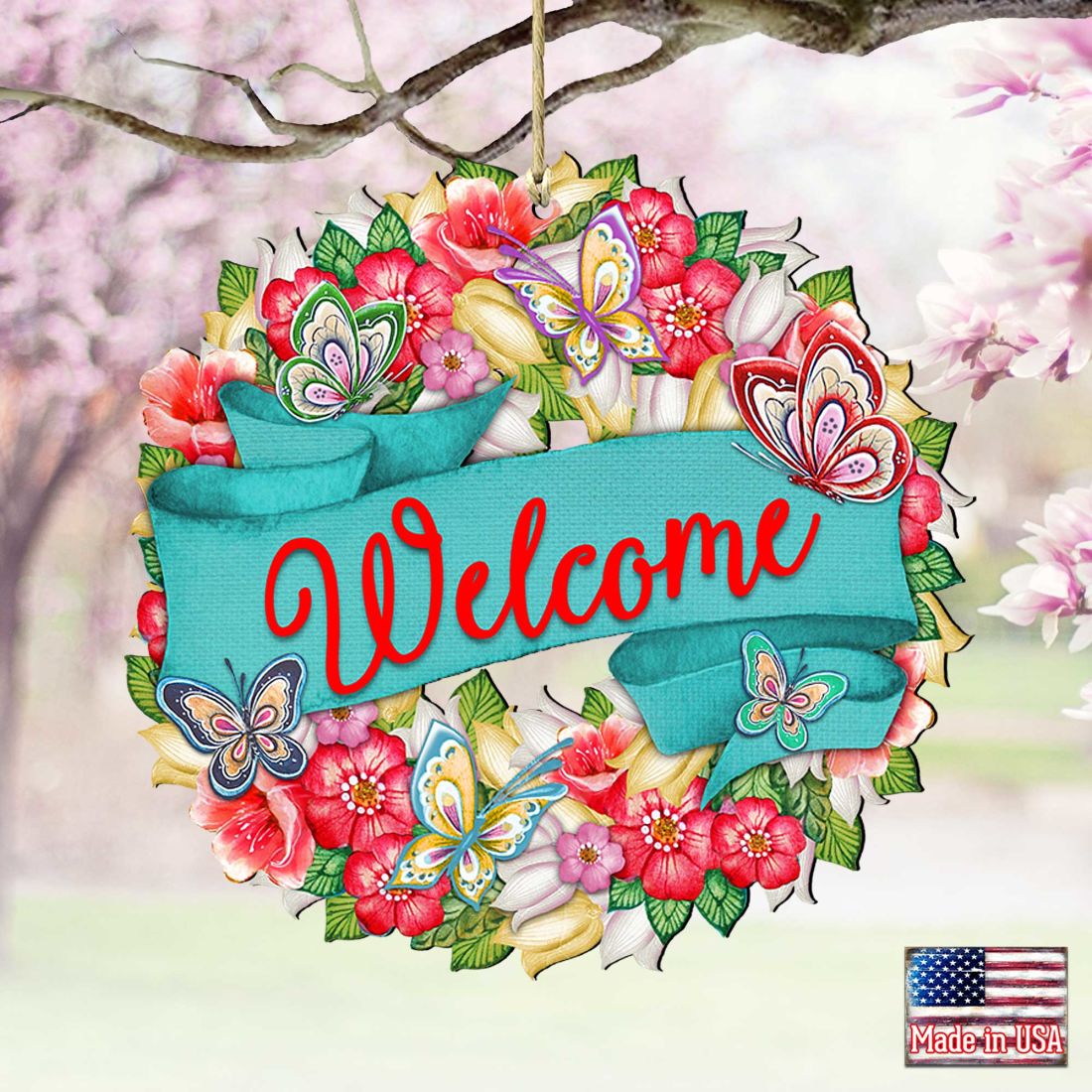 Welcome Flowers Summer Wreath Wooden Ornaments by G. DeBrekht - Easter Spring Decor - 8185303-3