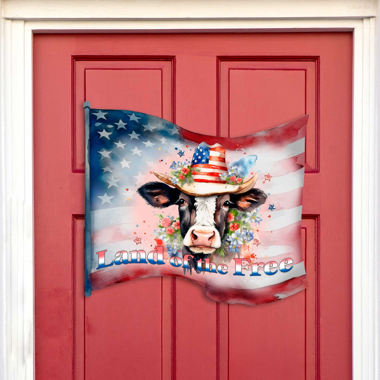 Front door welcome sign Land of the free flag United we stand Front porch Patriotic wreath Main entrance banner Red and White Welcome sign - Wooden front porch decor - 933110H