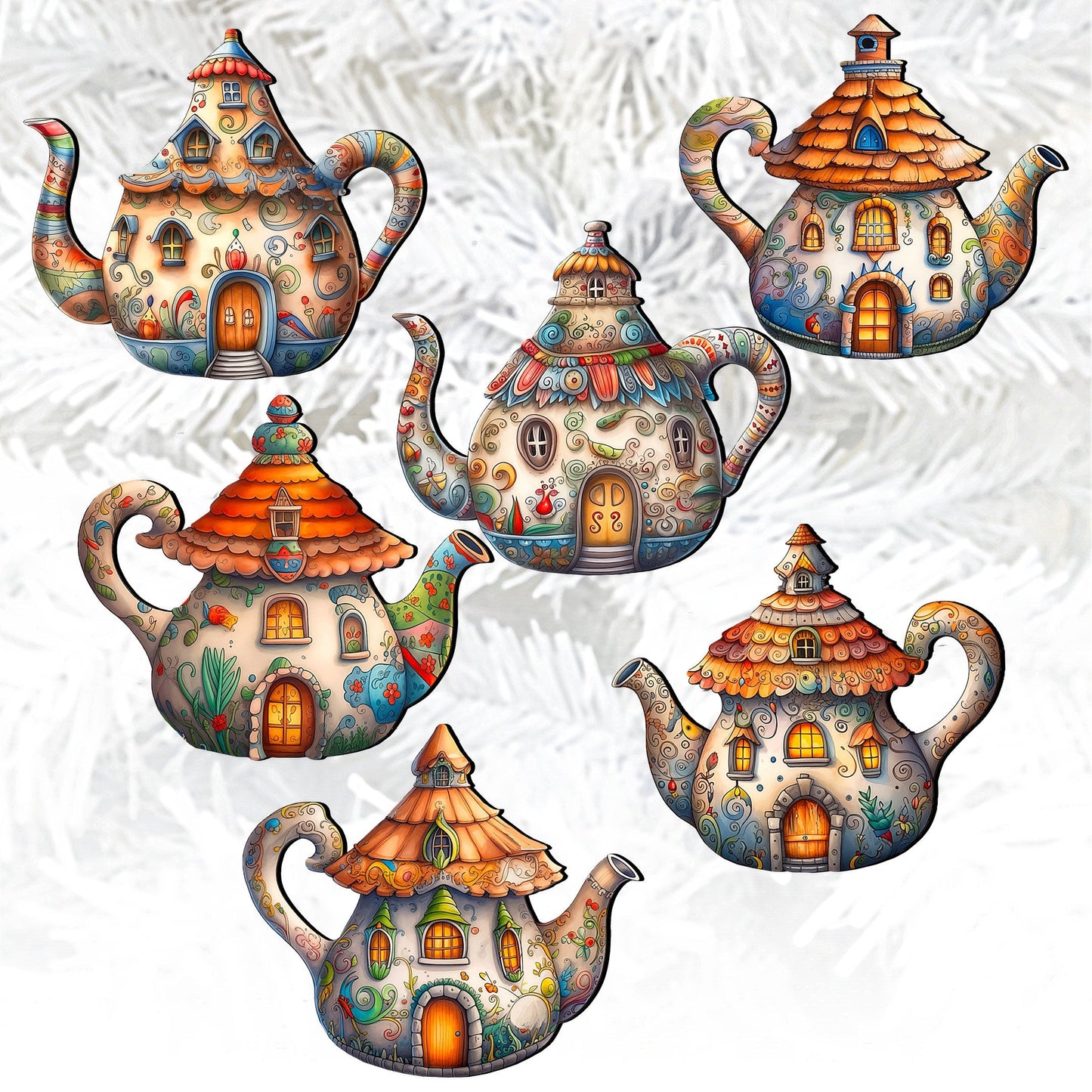 Teapots Decorative Wooden Clip-on Ornaments Set of 6 by G. Debrekht - Love Family Decor - 8090072C-S6