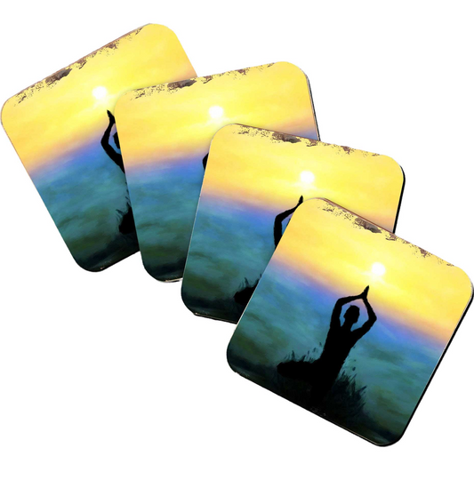 Yoga Wooden Cork Coasters Gift Set of 4 by Nature Wonders - Nature Wildlife Decor  - 95385C-S4