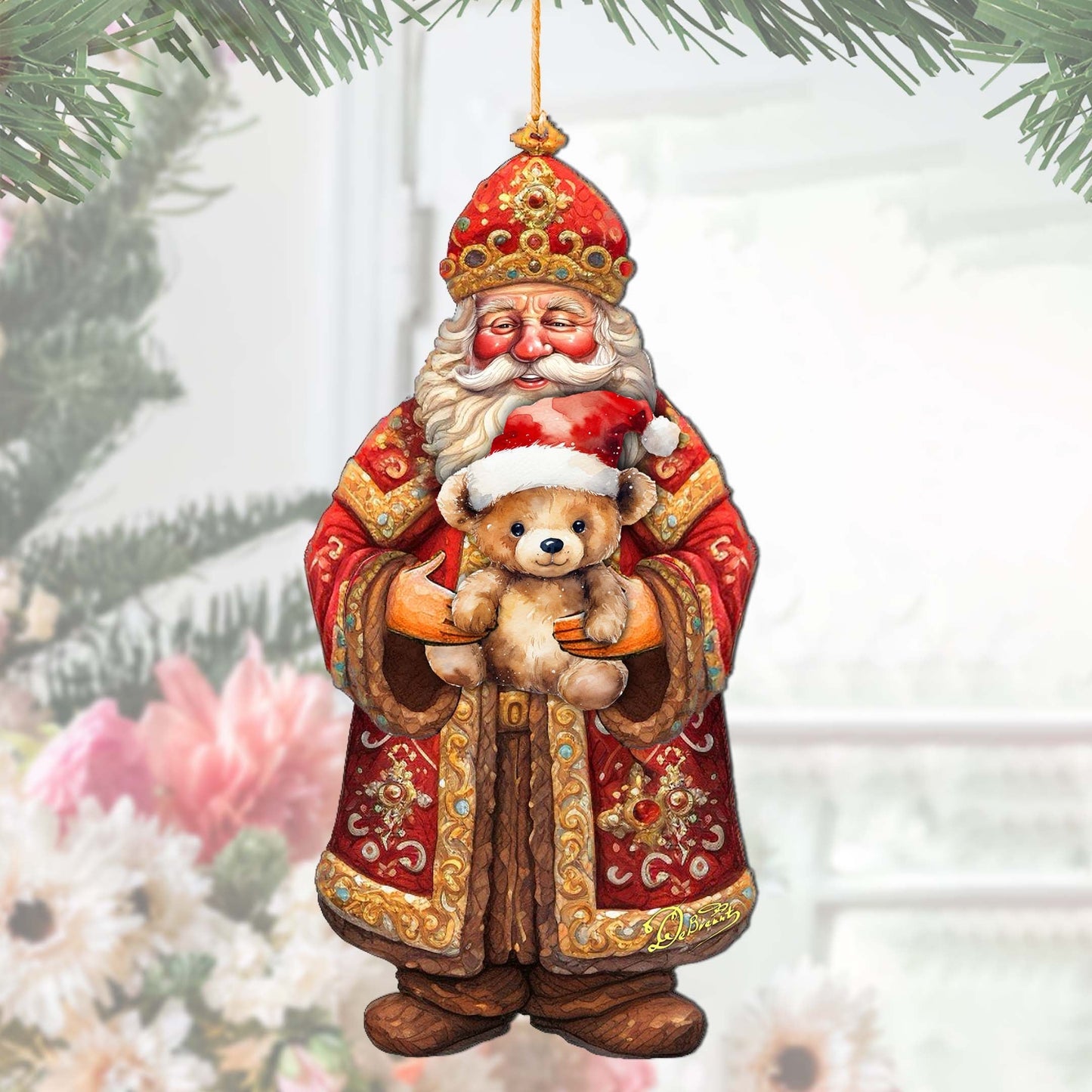 Santa's Teddy Bear Hug Wooden Ornaments by G. Debrekht - Christmas Santa Snowman Decor - 8691415