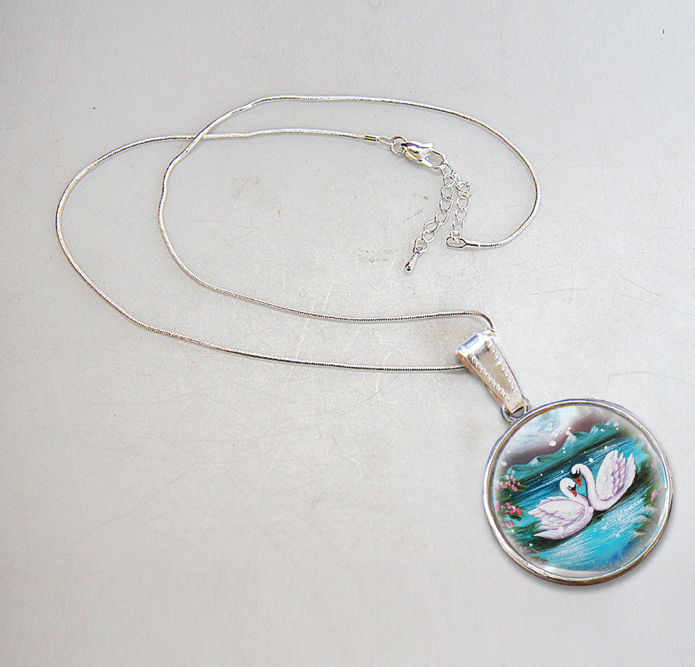 Swans in Love Silver Plated Mother of Pearl Jewelry Pendant Necklace - 44020