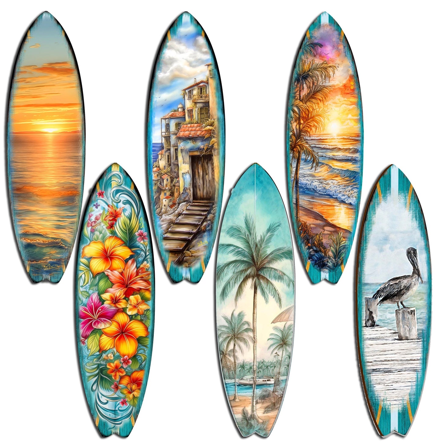 Tropical Surfboards Decorative Wooden Magnets Set of 6 by G. Debrekht - Coastal Decor - 8090069G-S6