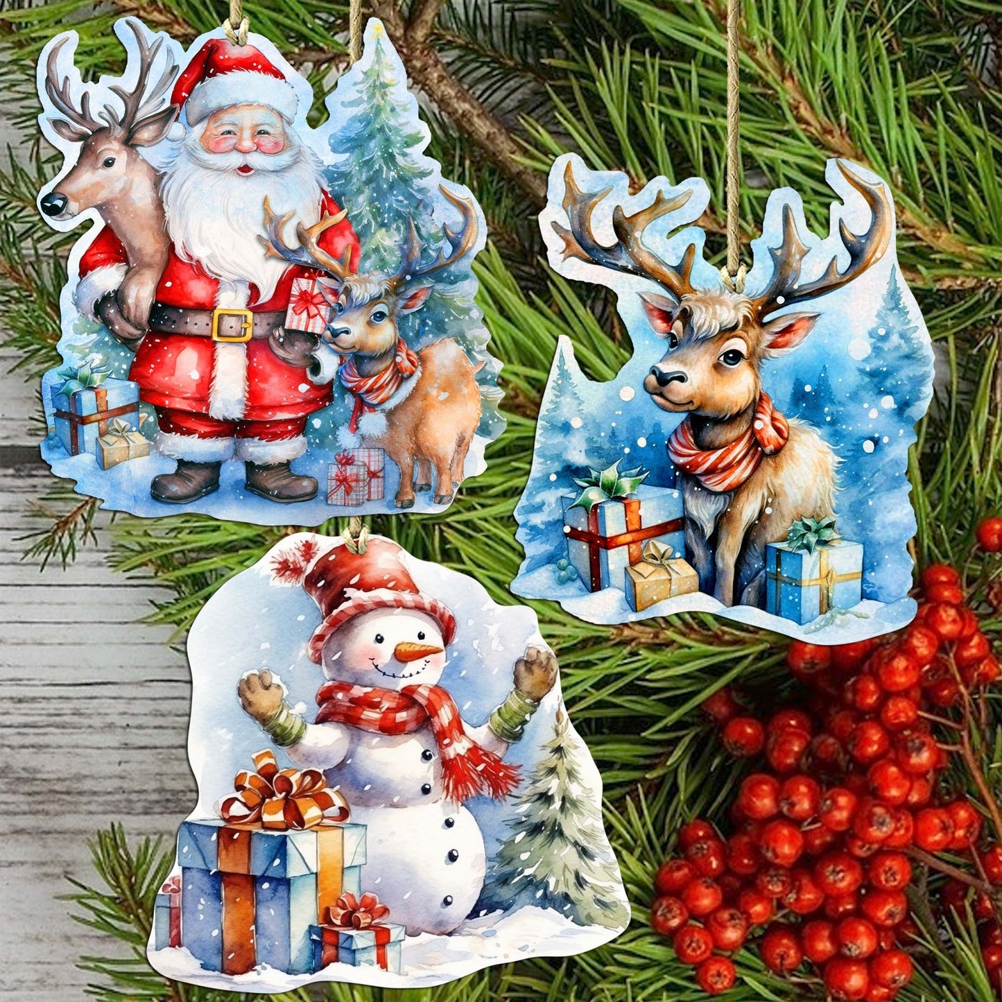 Christmas Is Here Decorative Wooden Ornaments Set of 3 by G. Debrekht - Christmas Decor - 8091028-S3