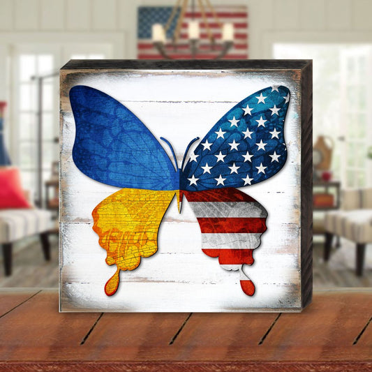 USA/Ukraine Butterfly Wooden Decor - American Patriotic Decor - 8187129B