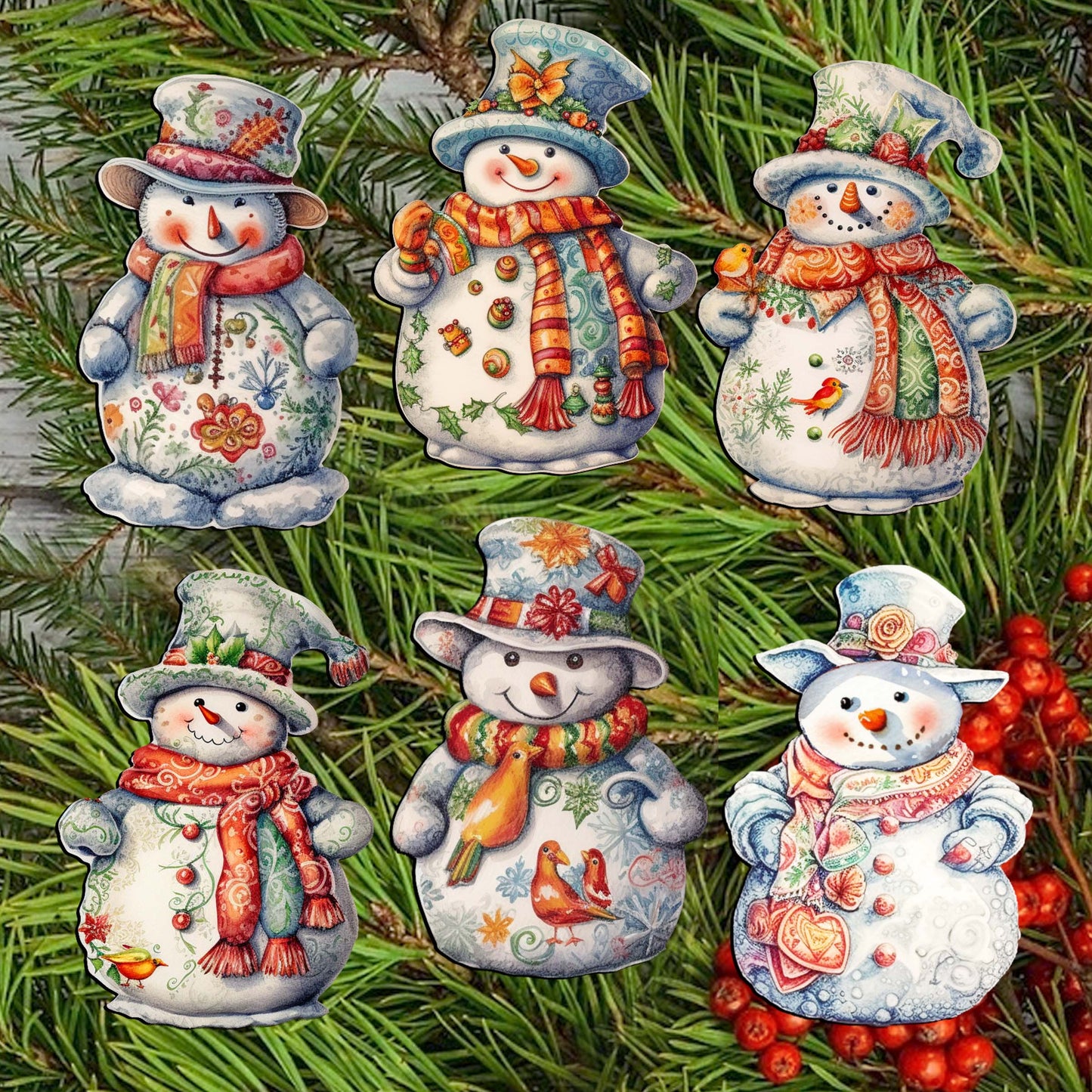 Snowman Decorative Wooden Clip-on Ornaments Set of 6 by G. Debrekht - Christmas Decor - 8090023C-S6