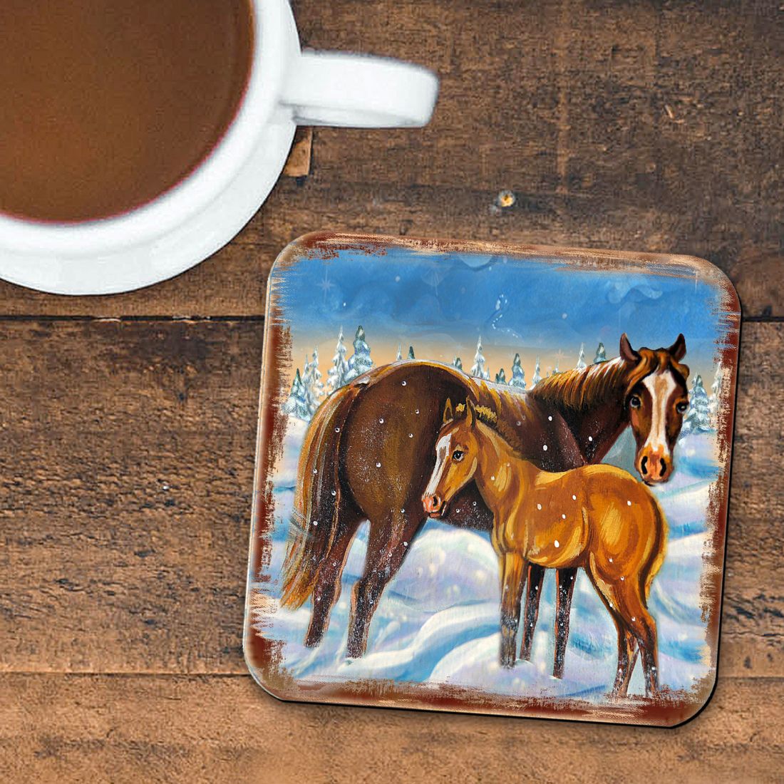 Horsey Wooden Cork Coasters Gift Set of 4 by Nature Wonders - Nature Wildlife Decor  - 95218C-S4