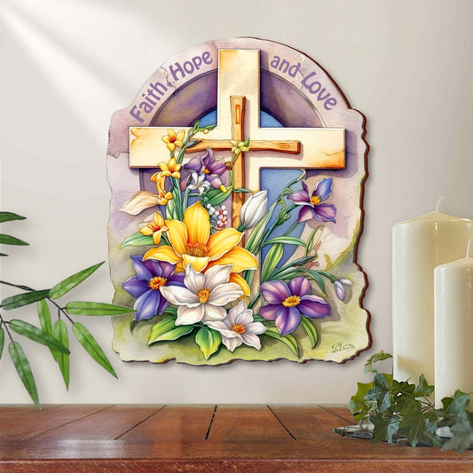 Faith, Hope, and Love Wooden Cross by G. Debrekht - Easter Spring Decor - 88160
