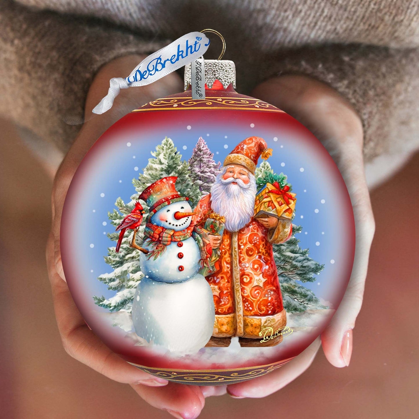 Santas Frosty Friend Lg Glass Ornament by G.Debrekht - Christmas Santa Snowman Decor - 73941