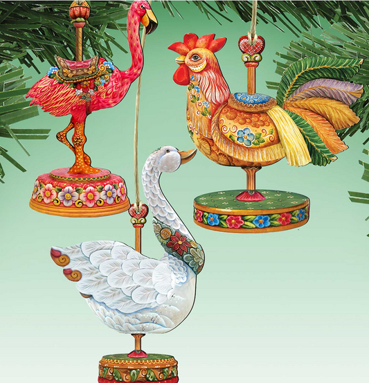 Carousel Wooden Ornaments Rooster, Goose, Flamingo Set of 3 by G. DeBrekht - Christmas Decor - 8100088S3