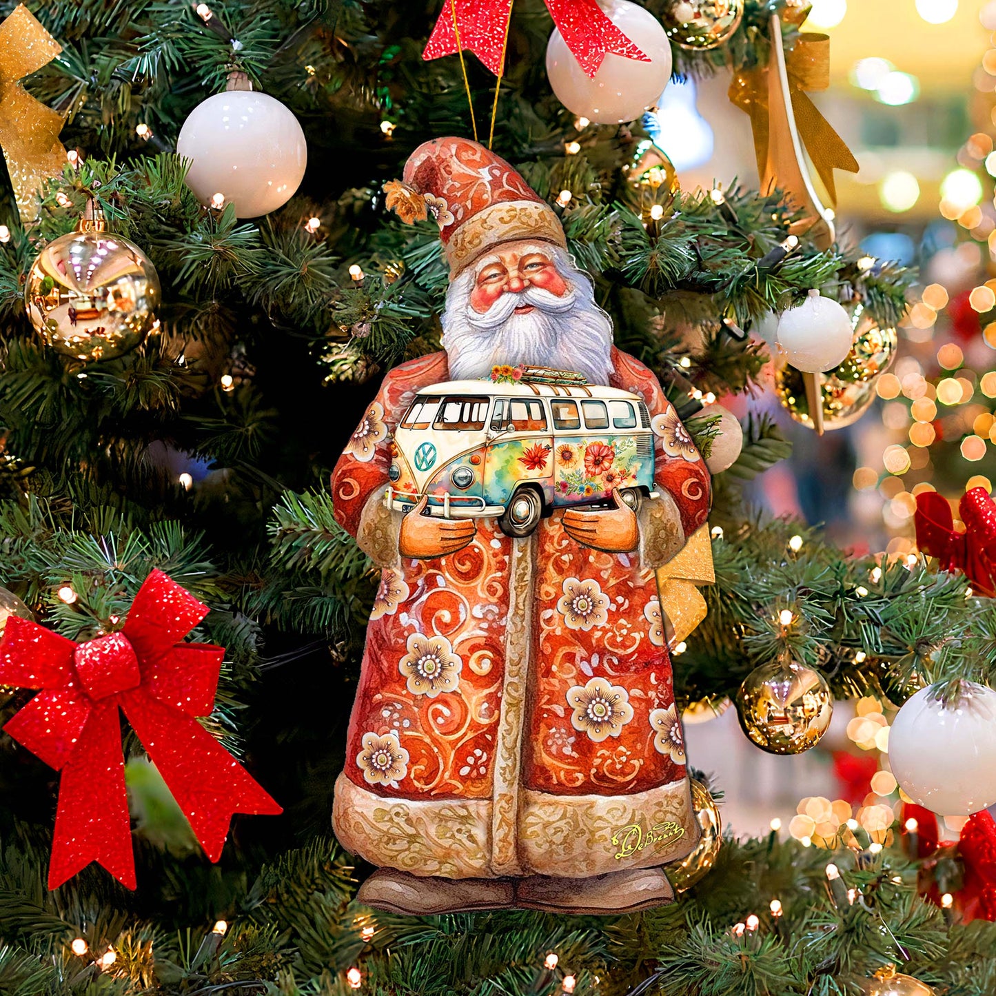 Santa with Van Wooden Ornaments by G. Debrekht - Christmas Santa Snowman Decor - 8691407