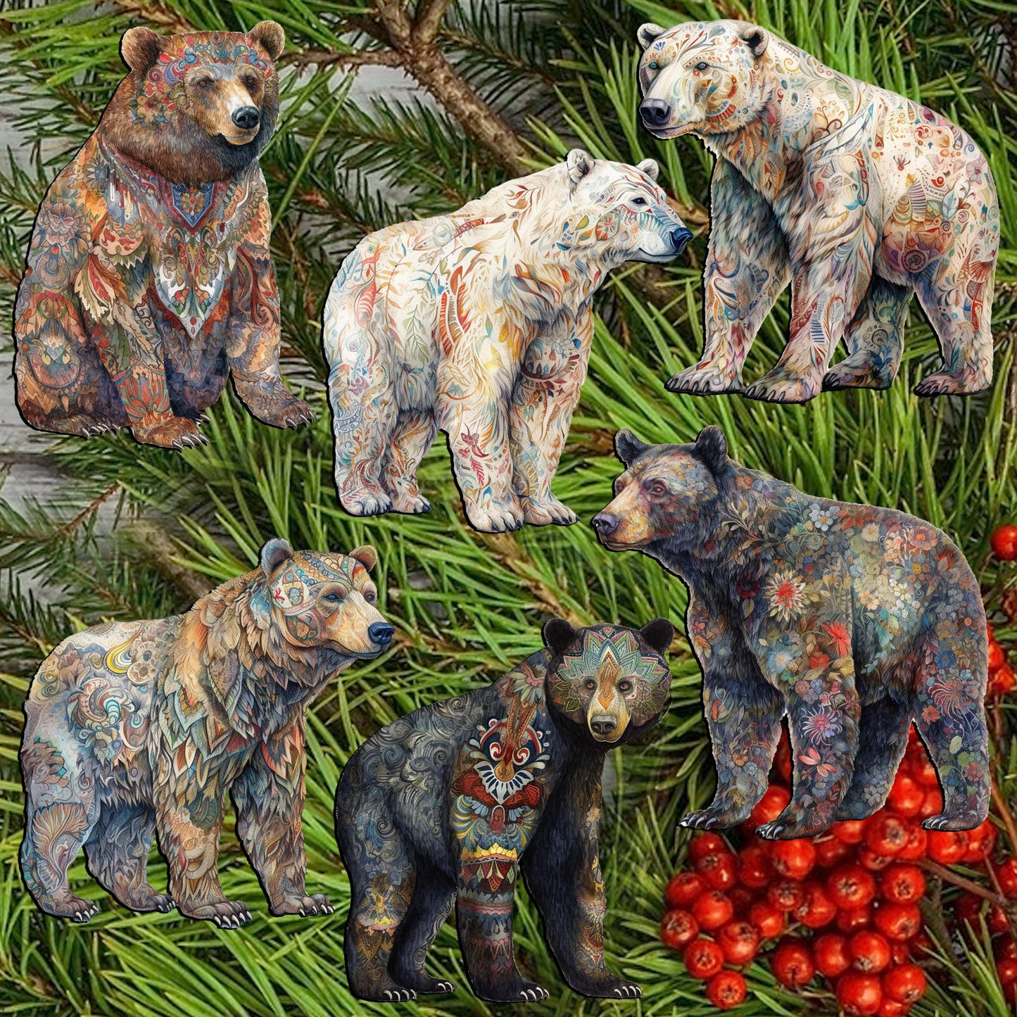 Bear Parade Decorative Wooden Clip-on Ornaments Set of 6 by G. Debrekht - Wildlife Decor - 8090106C-S6