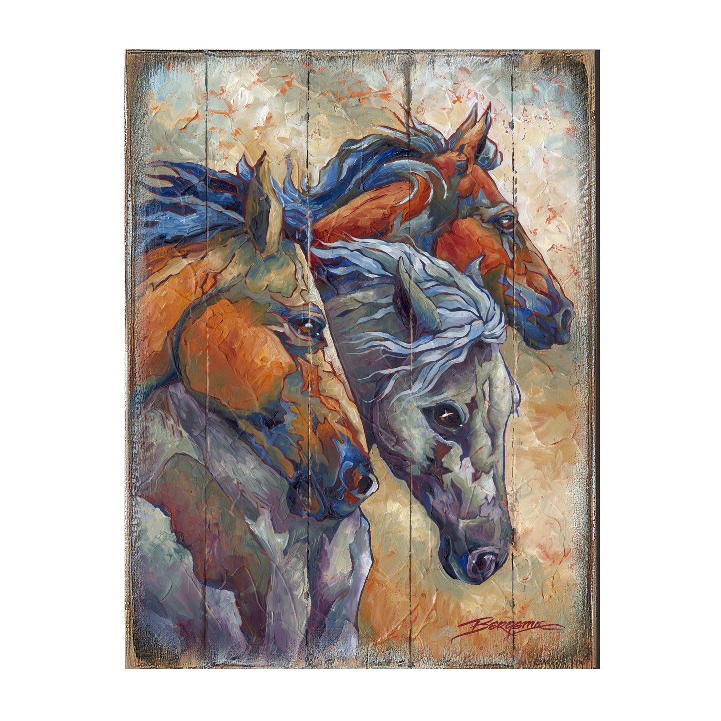 Let Them Run Horse Heads Wooden Wall Art by J. Bergsma - Nature Wildlife Decor  - 8592259B-JB