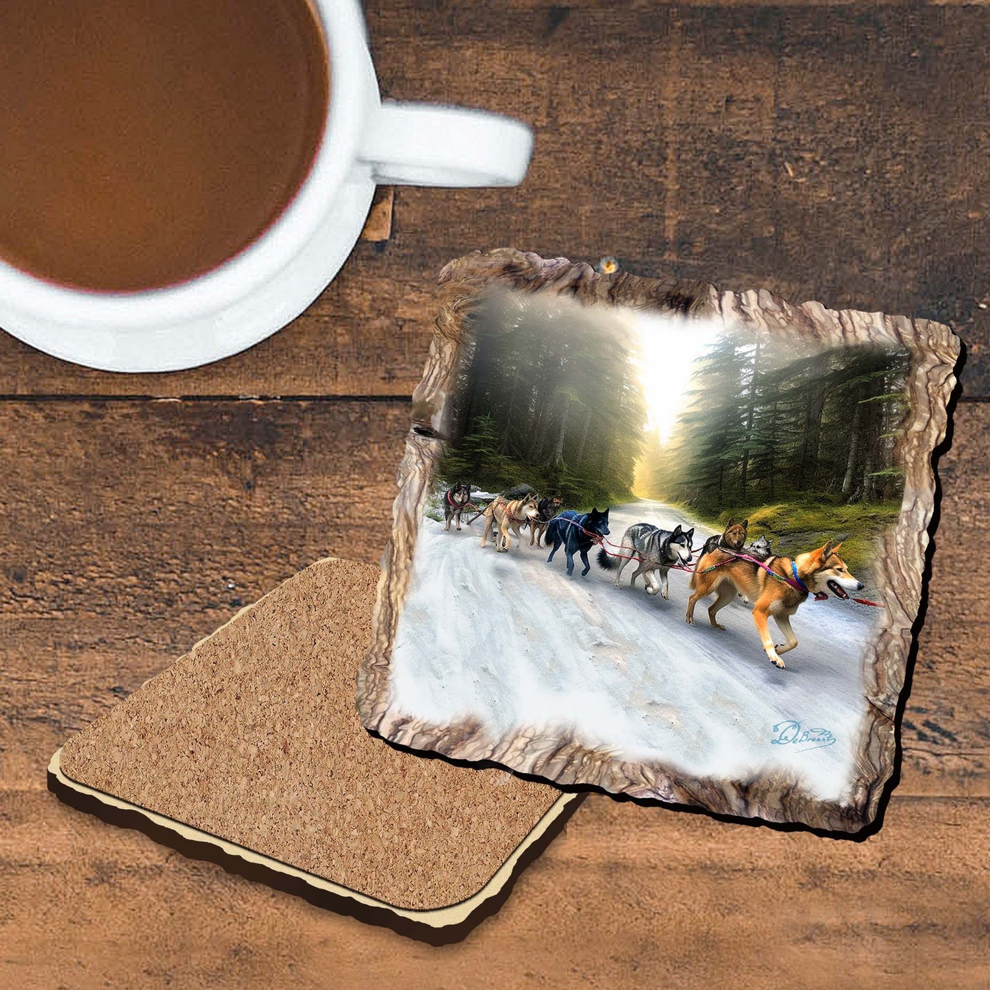 Husky Ride Wooden Cork Coasters Gift Set of 4 by Nature Wonders Nature Wildlife Decor  - 95401C-S4