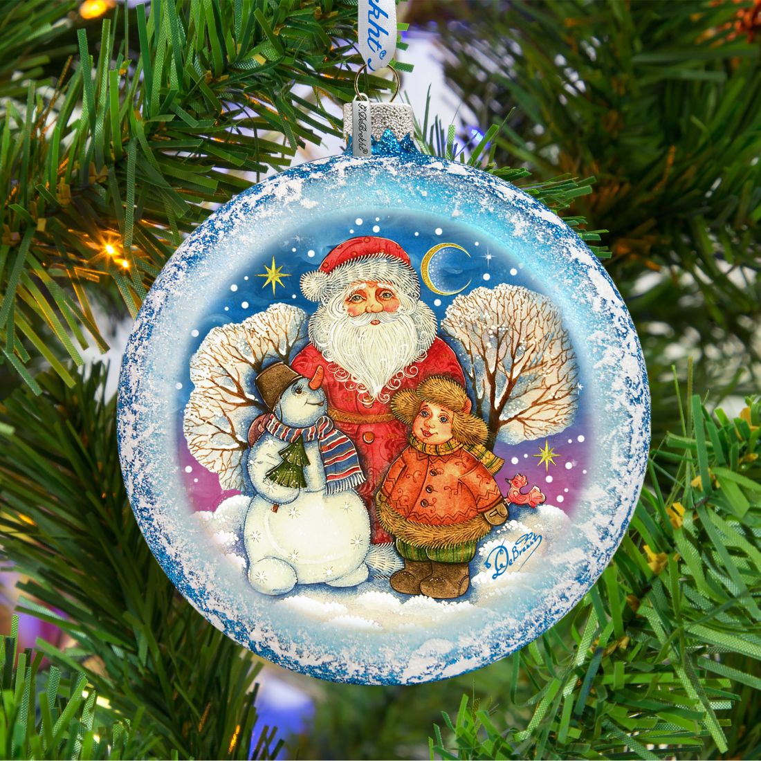 Snow Fun Santa Glass Ornament by G. DeBrekht - Christmas Santa Snowman Decor - 744-039