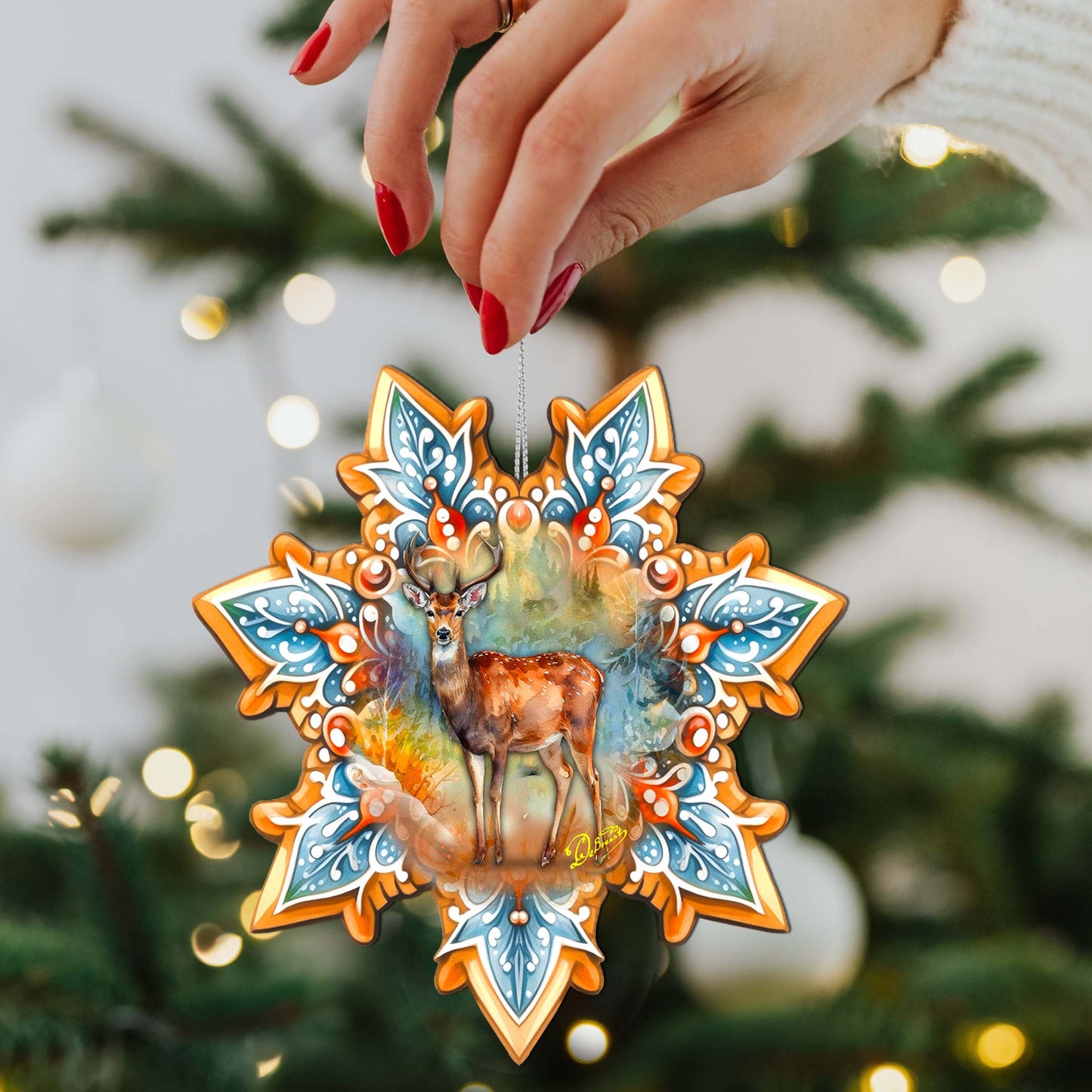 Forest Elk Snowflake Wooden Ornaments by G. Debrekht - Nature Wildlife Decor - 8688413