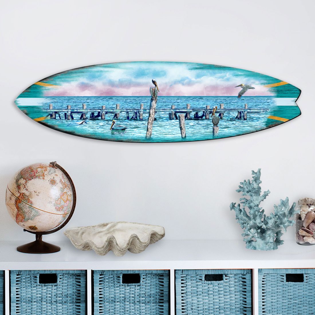 Seabirds Pelicans Surfboard Coastal Door Art by G. DeBrekht - Coastal Sea-Life Decor - 8490106HS