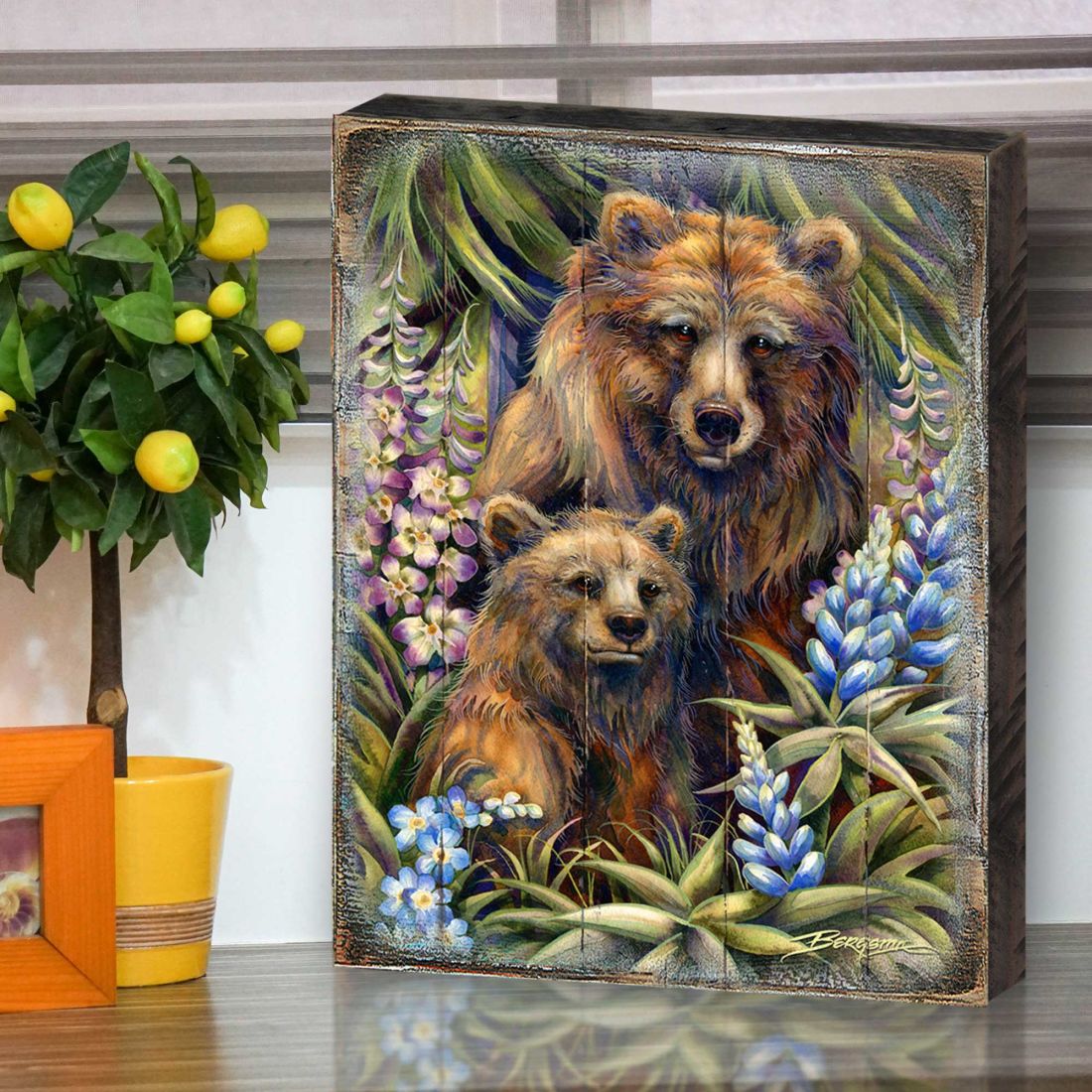 Grin & Bear it Grizzly Mother & Cub Wooden Wall Art by J. Bergsma - Nature Wildlife Decor  - 8592947BP-JB