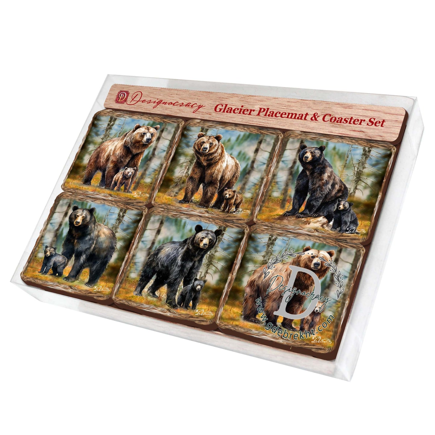 Bear Haven Wooden Cork Placemat and Coasters Gift Set of 7 by Nature Wonders Nature Wildlife Décor  - 85409C-S7