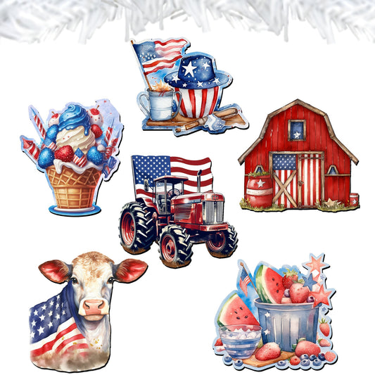 American Farmhouse Decorative Wooden Clip-on Ornaments of 6 by G. Debrekht - Patriotic Decor - 8090001C-S6