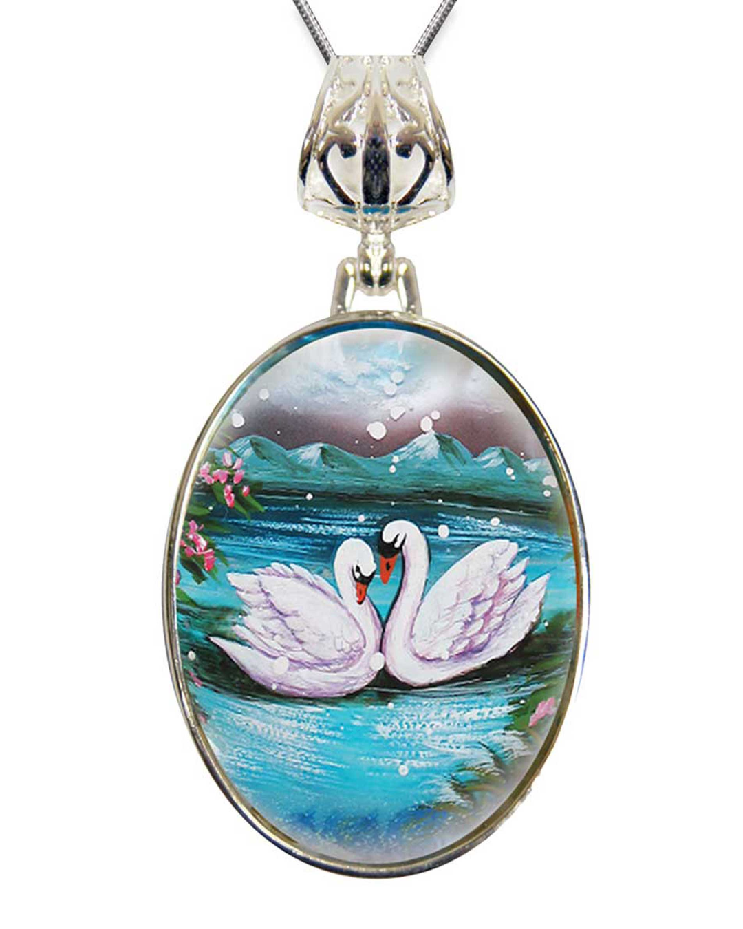 Swans in Love Silver Plated Mother of Pearl Jewelry Pendant Necklace - 44020