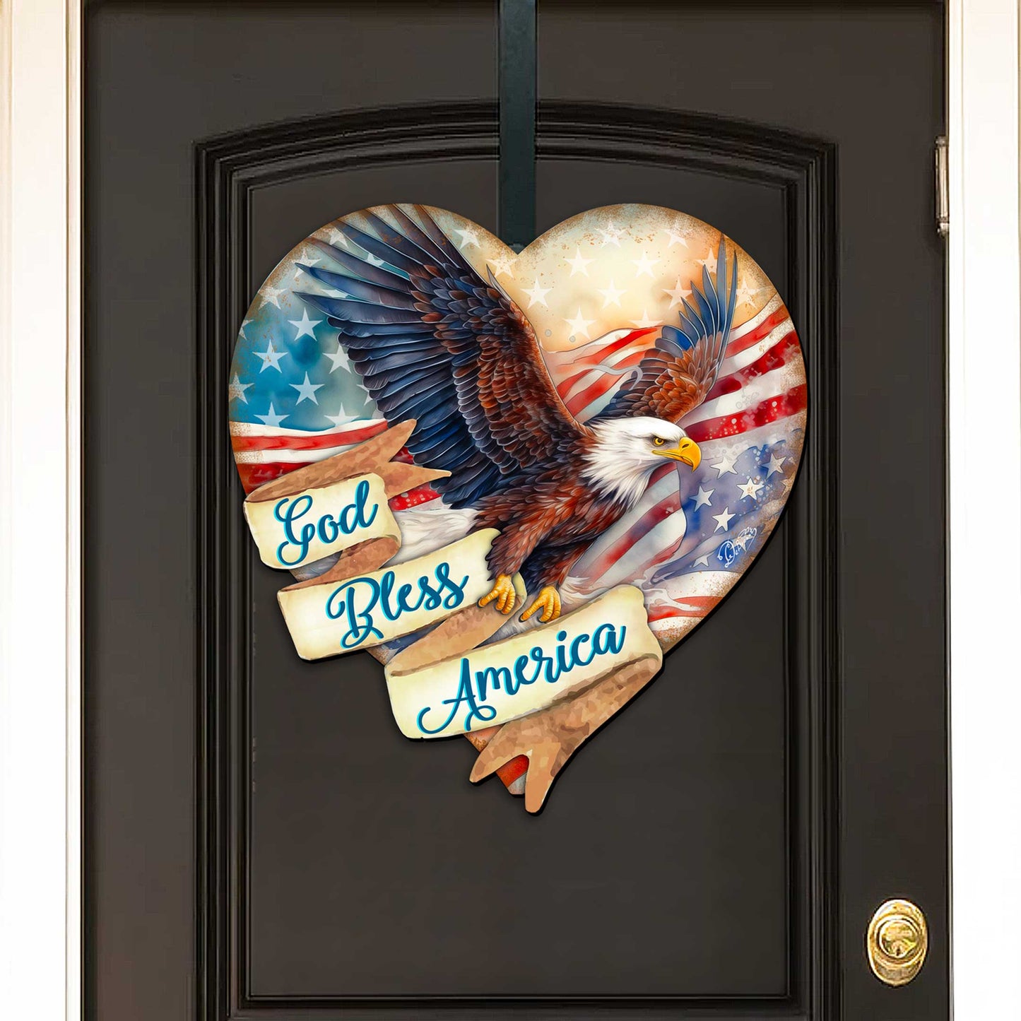 God Bless America Patriotic Eagle Heart Decorative Holiday Door Decor by G. DeBrekht - American Christmas Decor - 8652789H