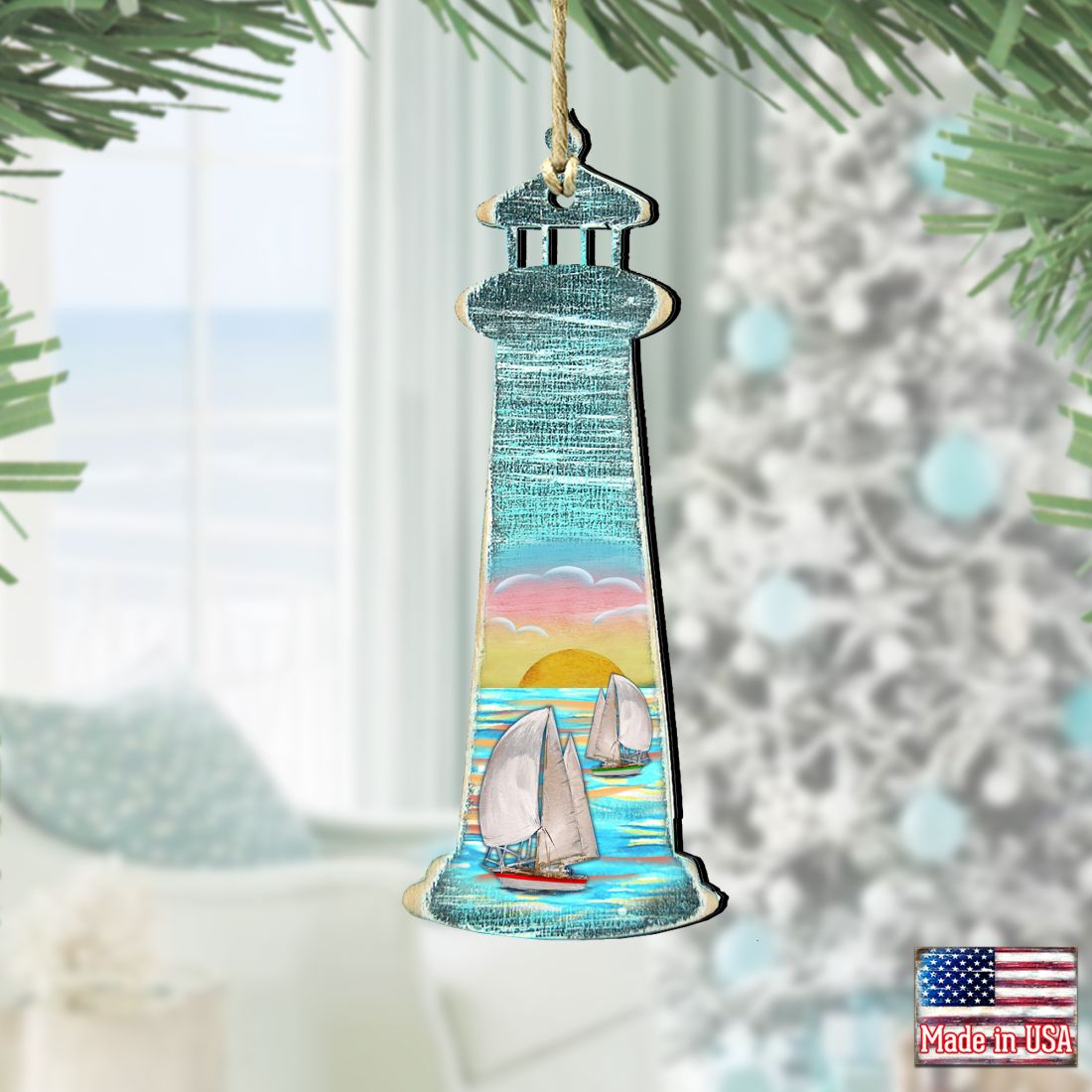 Lighthouse Sailboat Wooden Ornaments by G. DeBrekht - Coastal Holiday Decor - 8198526-2