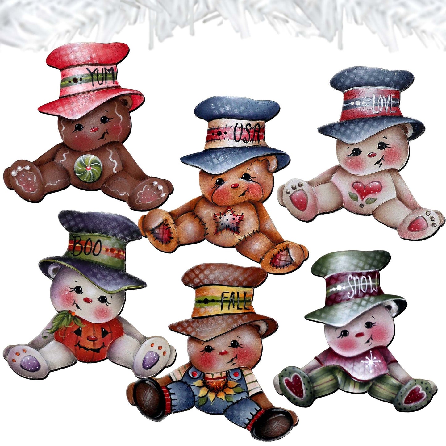 Big Hat Brigade Decorative Wooden Clip-on Ornaments Set of 6 by Jamie Mills-Price - Christmas Santa Snowman Decor - 8090046C-MP-S6