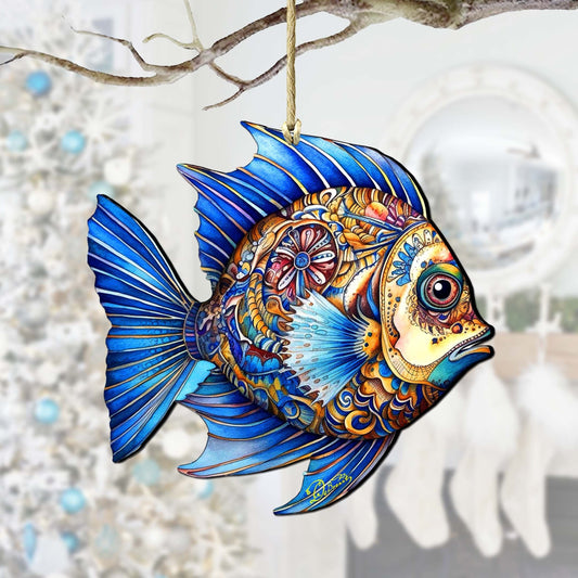 Coastal Christmas Ornaments - Aquamarine Aqua Fish Wooden Ornaments by G. Debrekht Coastal Holiday Decor - 8688306