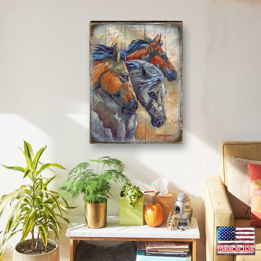 Let Them Run Horse Heads Wooden Wall Art by J. Bergsma - Nature Wildlife Decor  - 8592259B-JB