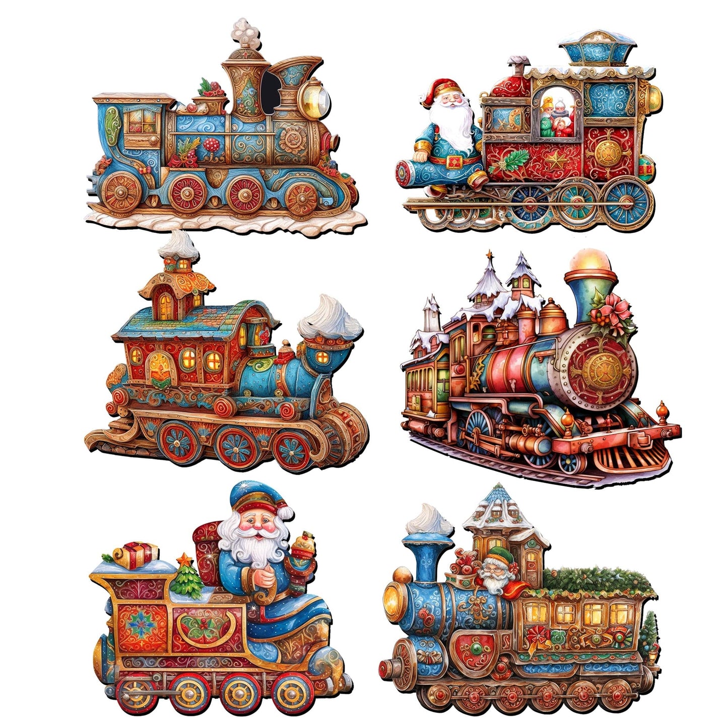 Santa Christmas Train Decorative Wooden Clip-on Ornaments Set of 6 by G. Debrekht - Christmas Decor - 8090123C-S6