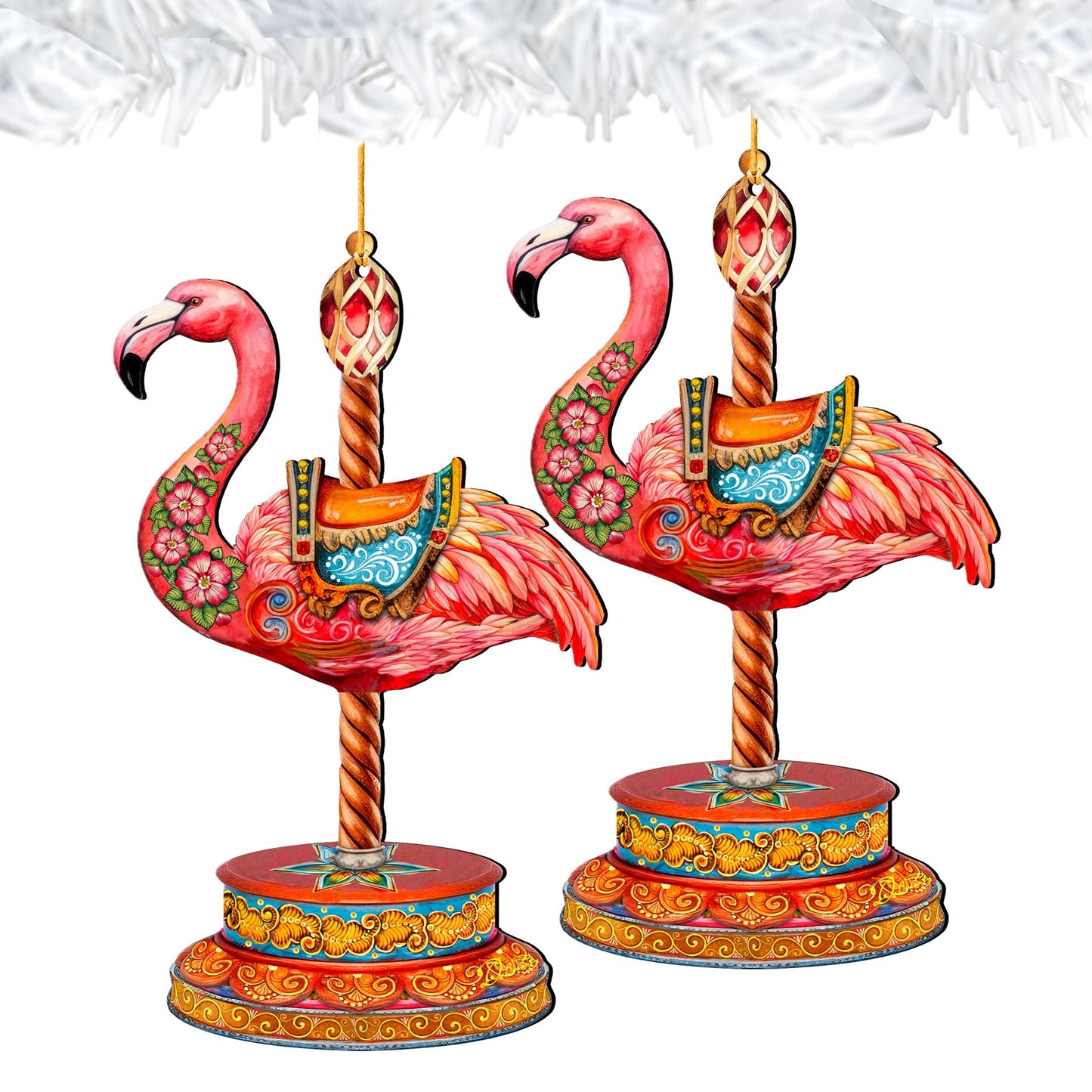 Pink Flamingo Carousel Christmas Wooden Ornaments by G. DeBrekht - Carousel Holiday Decor - 8652752