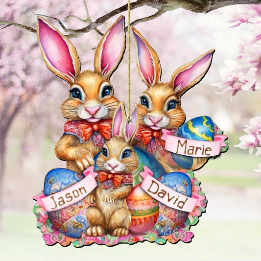 Personalized Family Easter Ornaments, Easter Basket Tag - 3 Family Member Names Bunny with Eggs Wooden Ornaments by G. Debrekht Easter Spring Decor - 8652788P
