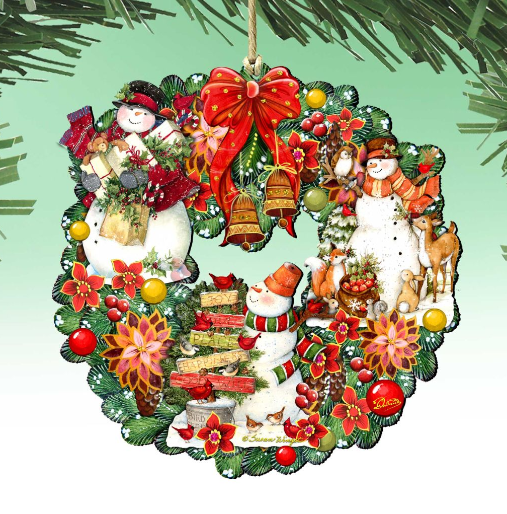 Snowy Christmas Wreath Wooden Ornaments by G. Debrekht and Susan Winget - Santa and Snowman Decor - Item 8185307-4-SW