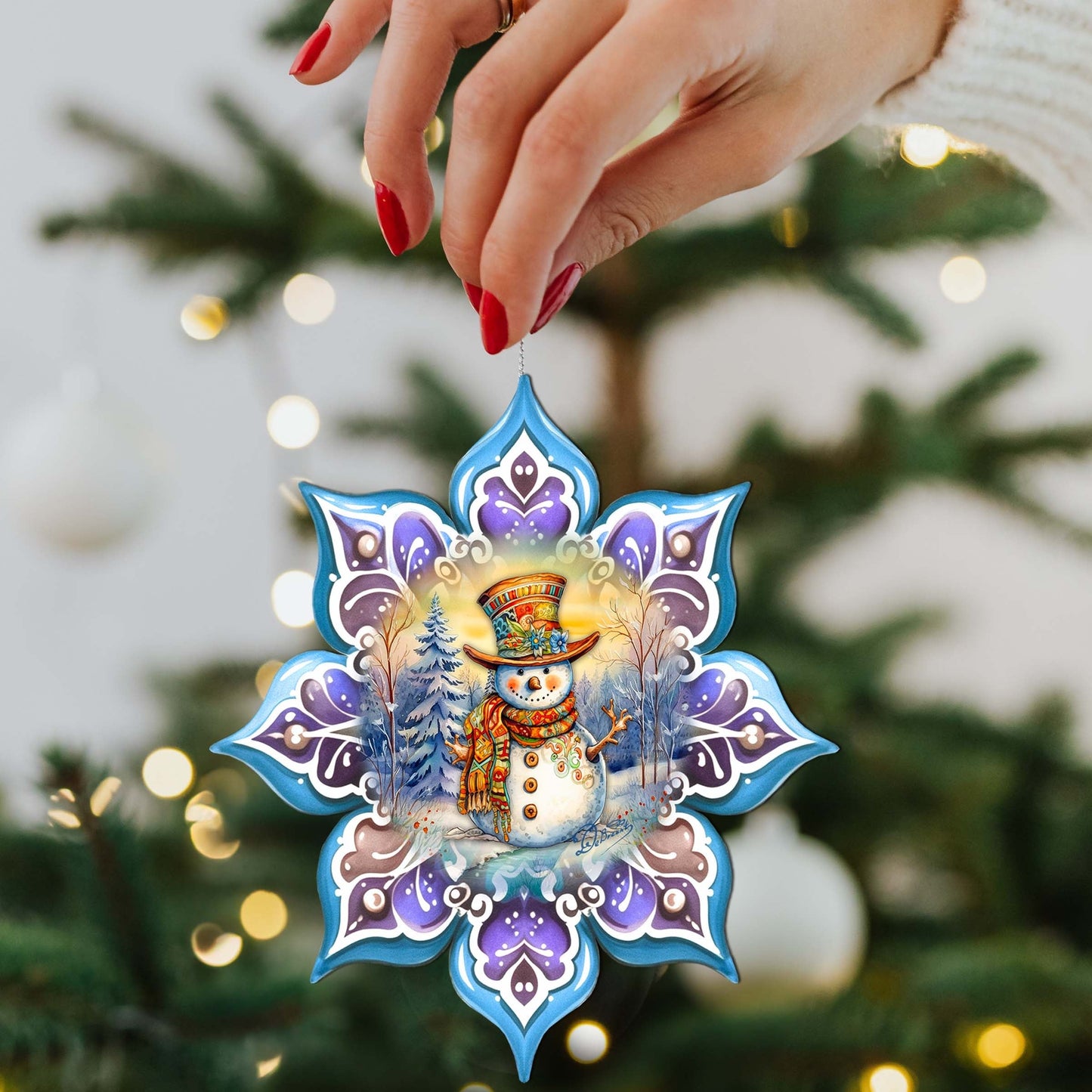Snowman Purple Snowflake Wooden Ornaments by G. Debrekht - Christmas Santa Snowman Decor - 8688426