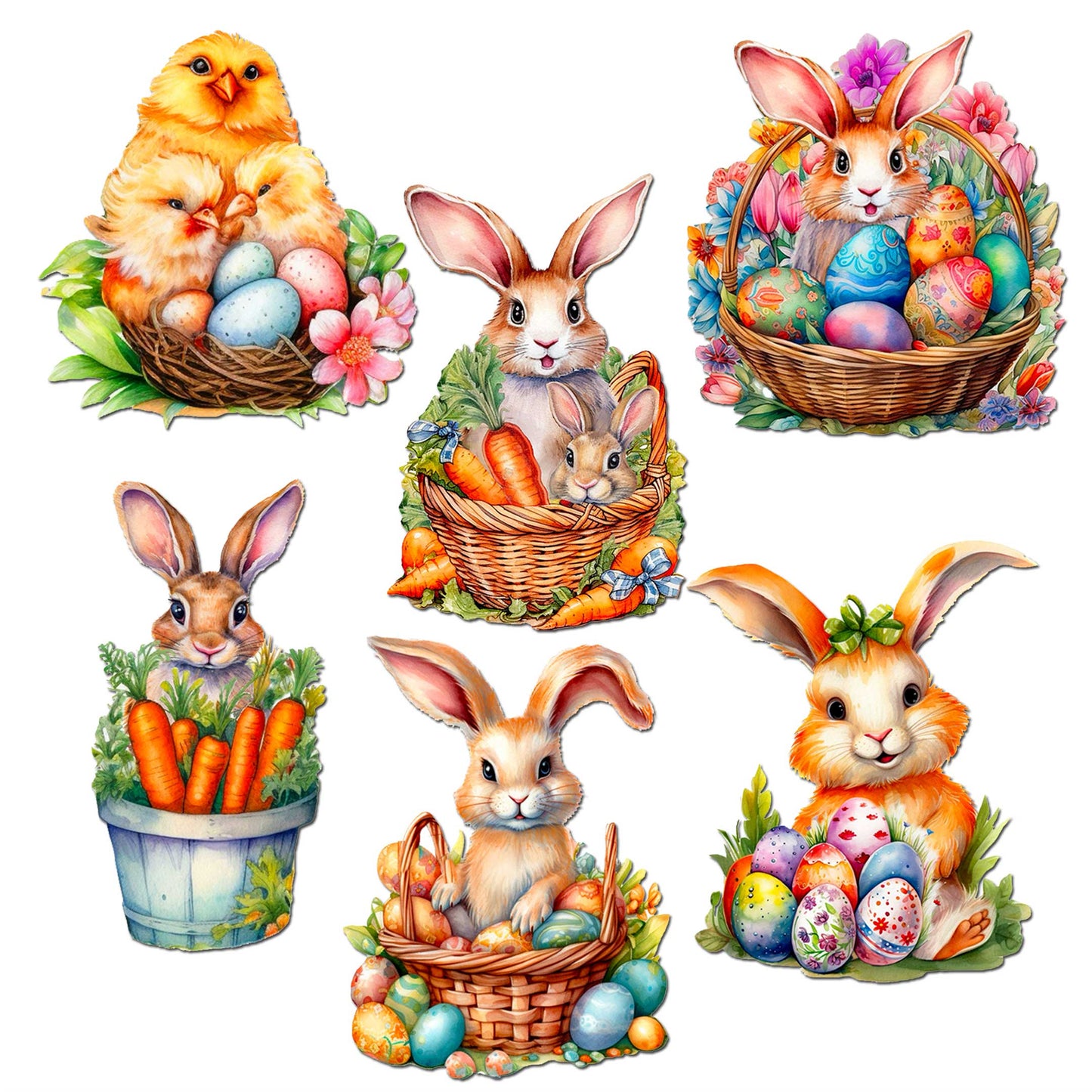 Eggs and Bunnies Decorative Wooden Clip-on Ornaments Set of 6 by G. Debrekht - Easter Decor - 8090057C-S6