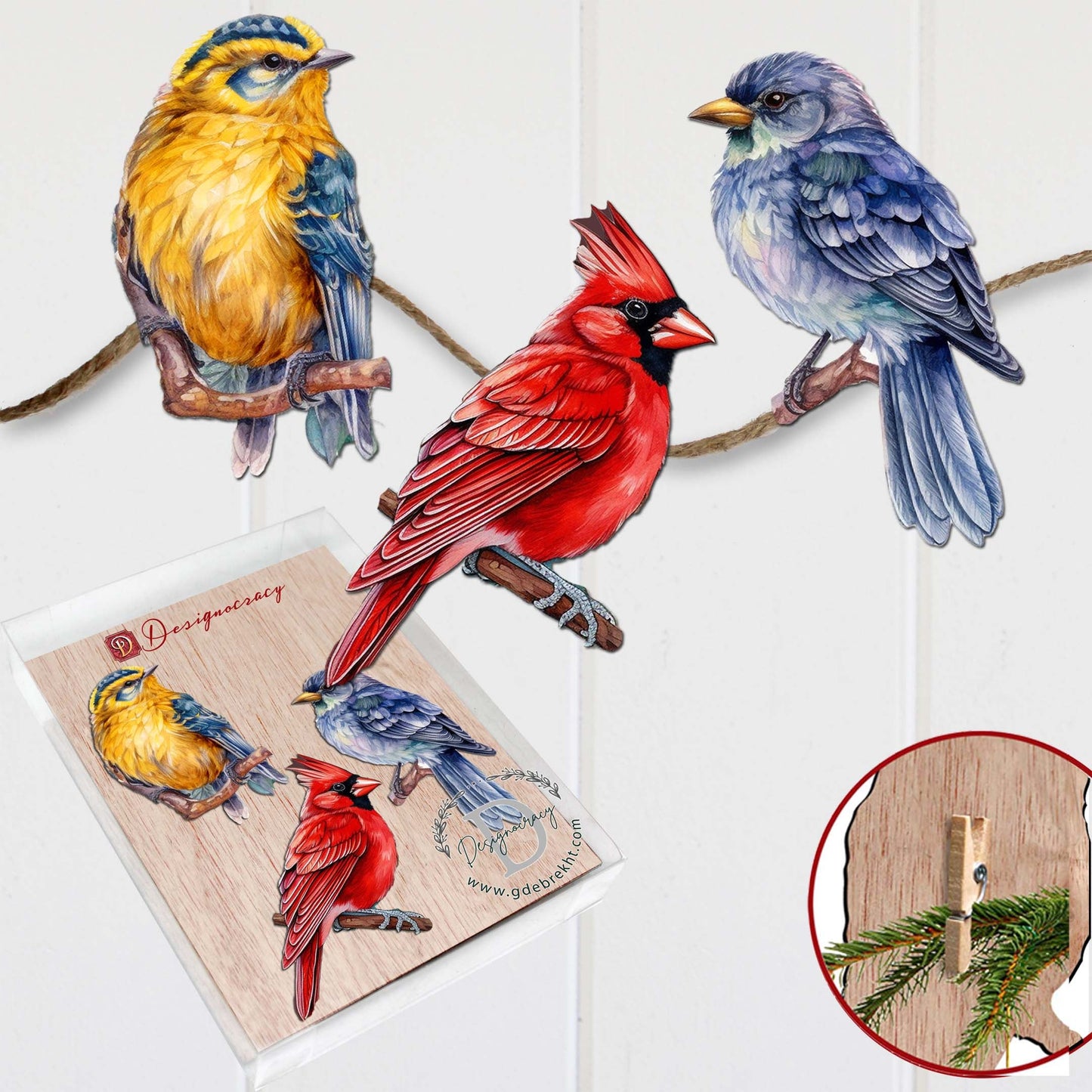 Winter Birds Decorative Wooden Clip-on Ornaments Set of 3 by G. Debrekht - Christmas Décor - 8091005C-S3