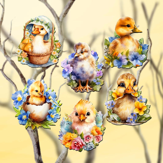 Spring Ducklings Decorative Wooden Clip-on Ornaments Set of 6 by G. Debrekht - Easter Décor - 8090055C-S6