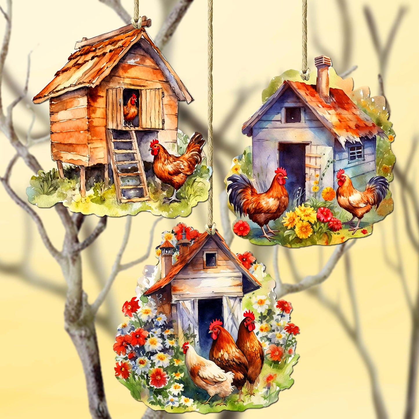 Spring on the Farm Decorative Wooden Ornaments Set of 3 by G. Debrekht - Easter Décor - 8091056-S3