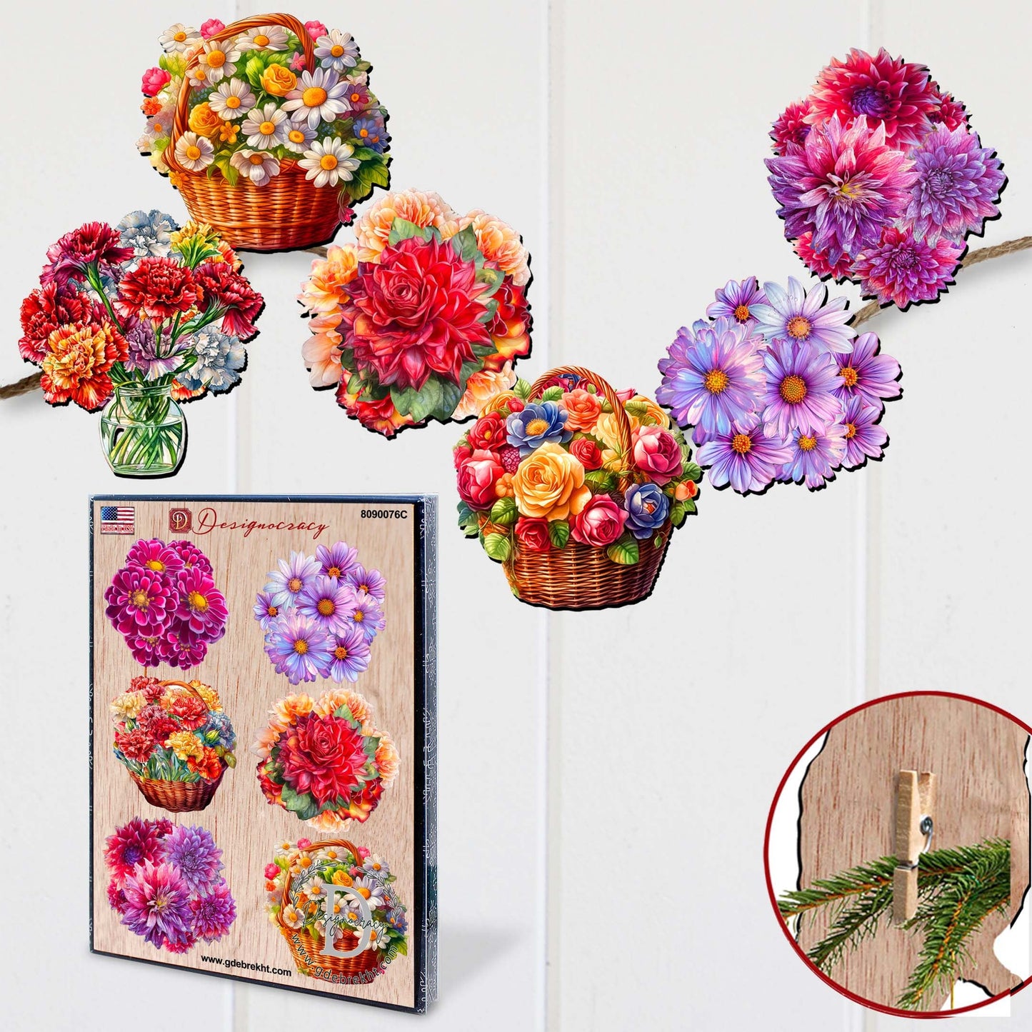 Flowers Decorative Wooden Clip-on Ornaments Set of 6 by G. Debrekht - Love Family Décor - 8090076C-S6