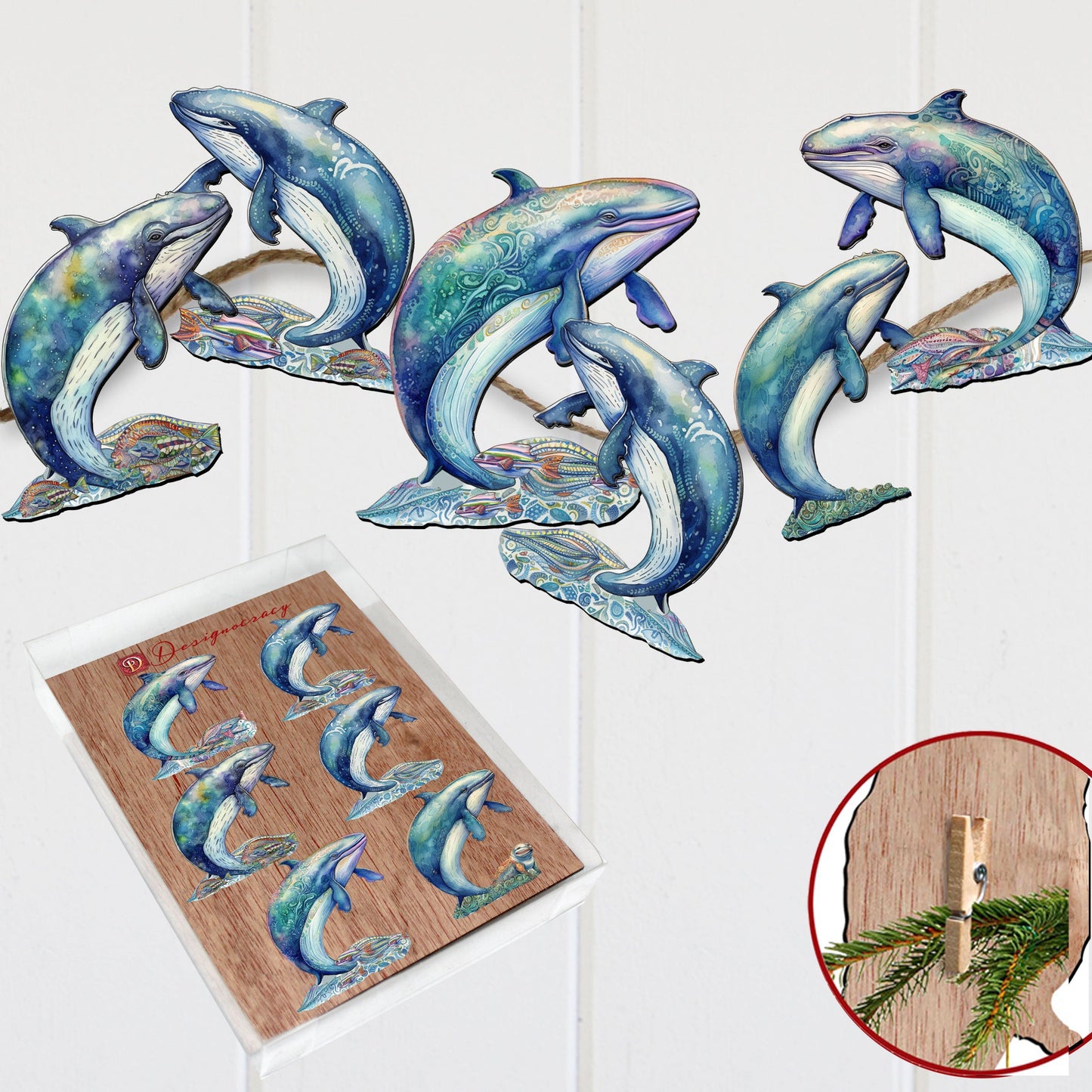Whale's Melody Decorative Wooden Clip-on Ornaments Set of 6 by G. Debrekht - Wildlife Décor - 8090110C-S6