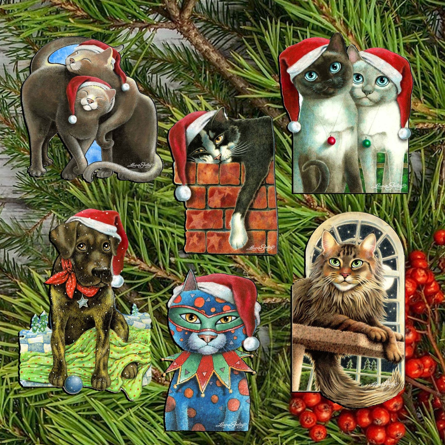 Dog and Cats Decorative Wooden Clip-on Ornaments Set of 6 by L. Seeley  - Pets Dog and Cat Décor - 8090139C-S6