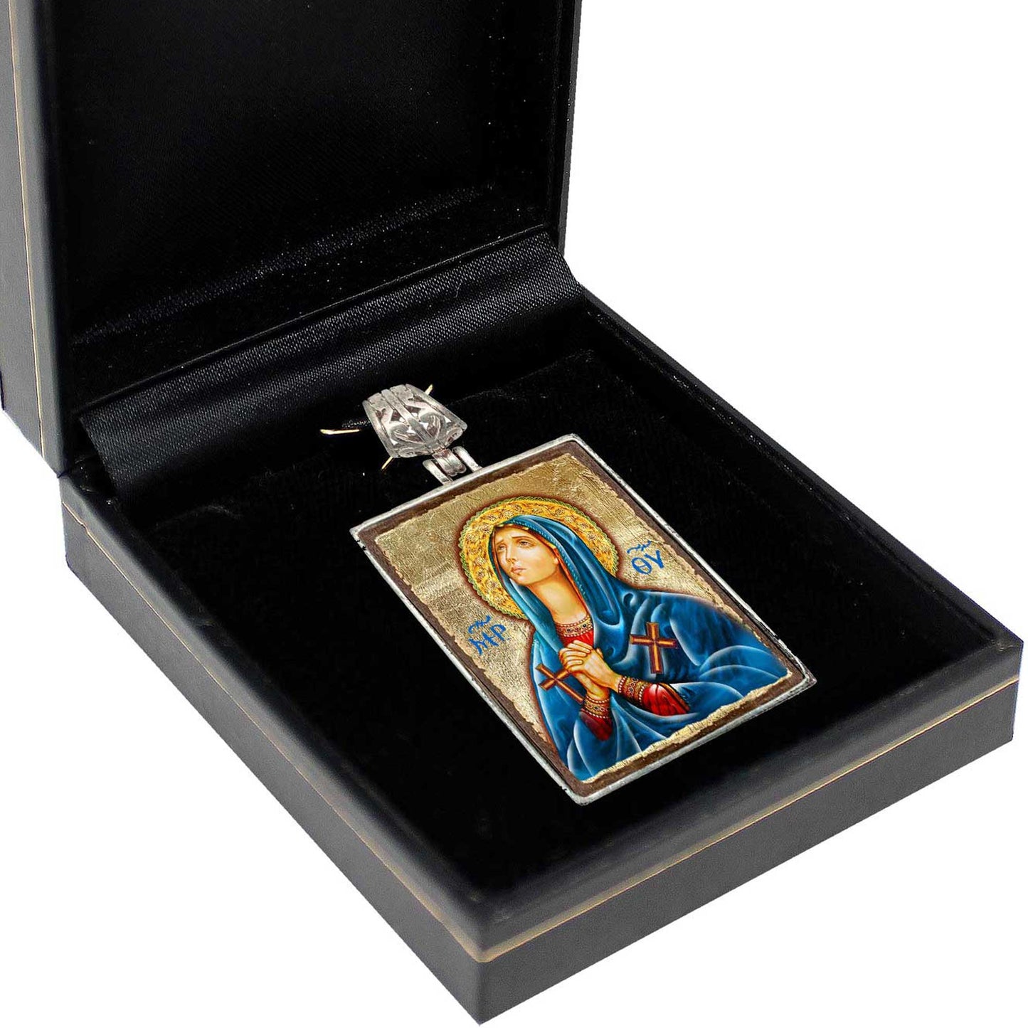Maria Magdalena Religious Jewelry Silver Plated Necklace, Gold-Plated Wooden Cabochon - Christian Sacred Icon - Inspirational Icon Decor - 43014R