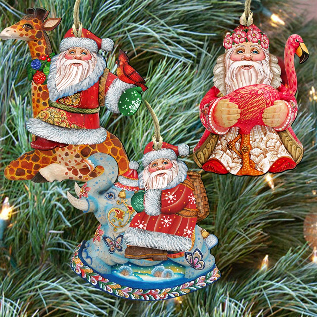 Safari Santa Wooden Ornaments Set of 3 by G. DeBrekht - Christmas Santa Snowman Décor - 8100004S3