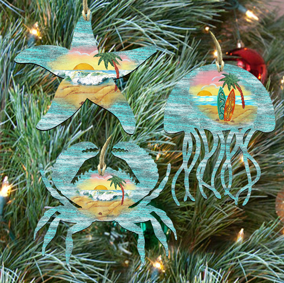 Coastal Wooden Ornaments-Starfish,Jellyfish,Crab-Set of 3 by G. DeBrekht - Coastal Holiday Décor - 8100046S3