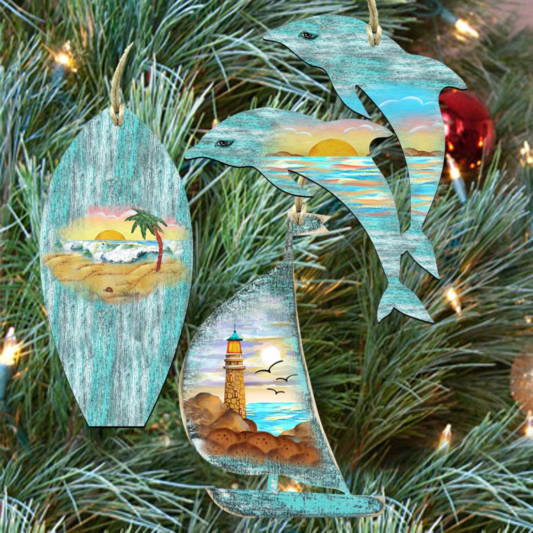 Coastal Wooden Ornaments Surfboard, Sailboat, Dolphins Set of 3 by G. DeBrekht - Coastal Holiday Décor - 8100048S3