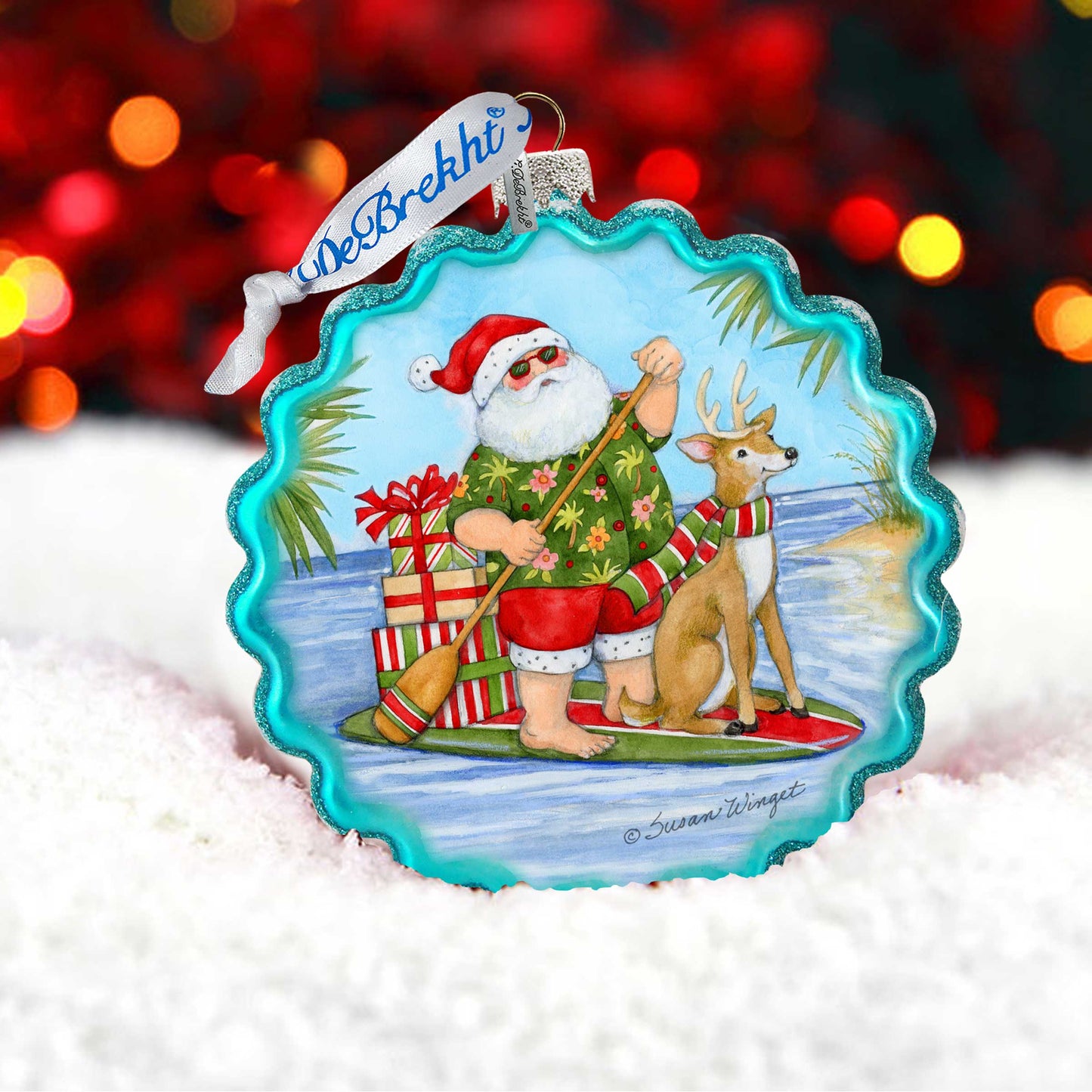 Christmas Decoration - Handblown Glass - Paddle Boarding Santa - Christmas Tree Ornament by Susan Winget - Handmade Gift - Wooden Ornament - 759-115-SW